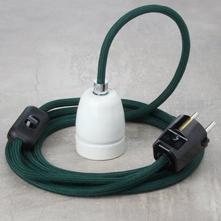 Textilkabel Lampenpendel dunkelgrn mit E27 Porzellanfassung Schnurschalter und Schutzkontakt-Stecker schwarz