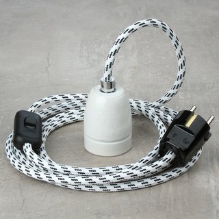 Textilkabel Lampenpendel schwarz-wei mit E27 Porzellanfassung Schnurschalter und Schutzkontakt-Stecker schwarz