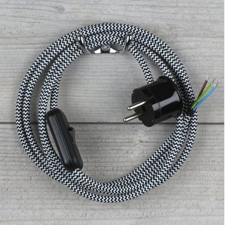 Textilkabel Anschlussleitung 2-5m schwarz-wei zickzack mit Schalter u. Schutzkontakt Winkelstecker