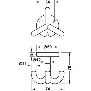 Hfele Garderobenhaken Deckenhaken aus Kunststoff mit 3 Haken 50x70mm felsgrau/grau