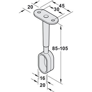 Hfele Mittel-Deckentrger Halterung hhenverstellbar aluminiumfarben oval 30x15mm fr Schrankrohre Schrankstangen Kleiderstangen