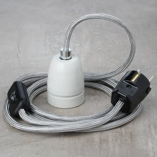 Textilkabel Lampenpendel silber mit E27 Porzellanfassung Schnurschalter und Schutzkontakt-Stecker schwarz