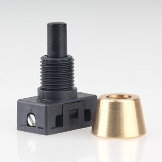 Lampen Einbau-Druckschalter schwarz mit M10x1 Schrgmutter glatt Messing roh 250V/2A 1-polig
