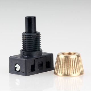 Lampen Einbau-Druckschalter schwarz mit M10x1 Schrgmutter gerndelt Messing roh 250V/2A 1-polig