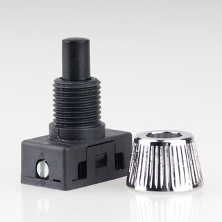 Lampen Einbau-Druckschalter schwarz mit M10x1 Schrgmutter gerndelt Messing verchromt 250V/2A 1-polig