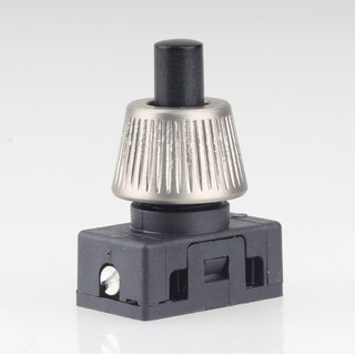 Lampen Einbau-Druckschalter schwarz mit M10x1 Schrgmutter gerndelt Edelstahloptik 250V/2A 1-polig
