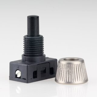 Lampen Einbau-Druckschalter schwarz mit M10x1 Schrgmutter gerndelt Edelstahloptik 250V/2A 1-polig