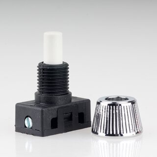Lampen Einbau-Druckschalter wei mit M10x1 Schrgmutter gerndelt Messing verchromt 250V/2A 1-polig