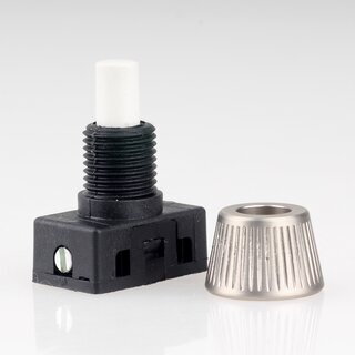 Lampen Einbau-Druckschalter wei mit M10x1 Schrgmutter gerndelt Edelstahloptik 250V/2A 1-polig