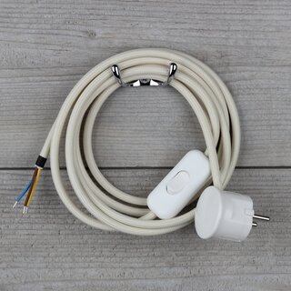 Textilkabel Anschlussleitung 2-5m Elfenbein Schalter u. Schutzkontakt Winkelstecker wei