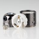 E27 Lampenfassung Metall schwarz-chrom mit Gewindemantel und seitlichem Kabel-Eingang Schraube vernickelt