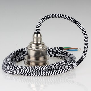 Textilkabel Lampenpendel schwarz-wei Zickzack mit E27 Vintage Fassung Metall Nickel matt