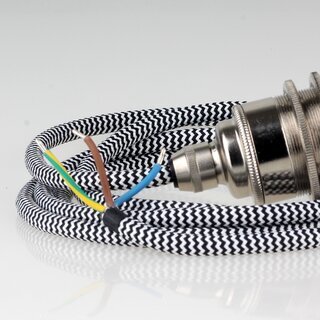 Textilkabel Lampenpendel schwarz-wei Zickzack mit E27 Vintage Fassung Metall Nickel matt
