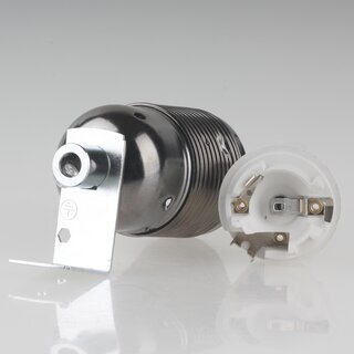 E27 Lampenfassung Metall schwarz-chrom mit Winkel & Zugentlastung verchromt