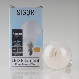 Sigor E14 LED Filament Tropfenlampe matt 5W (50W) 2700K warmwei 630lm dimmbar