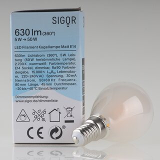 Sigor E14 LED Filament Tropfenlampe matt 5W (50W) 2700K warmwei 630lm dimmbar