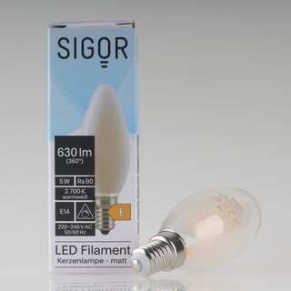 Sigor E14 LED Filament Kerzenlampe matt 5W (50W) 2700K warmwei 630lm dimmbar