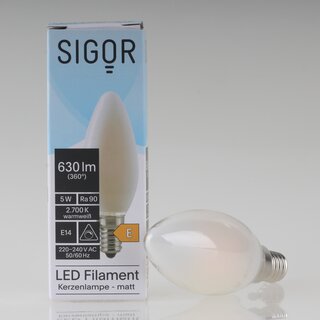 Sigor E14 LED Filament Kerzenlampe matt 5W (50W) 2700K warmwei 630lm dimmbar