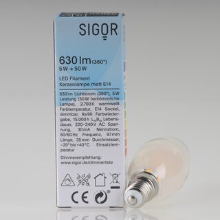 Sigor E14 LED Filament Kerzenlampe matt 5W (50W) 2700K warmwei 630lm dimmbar
