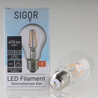 Sigor E27 LED Filament Leuchtmittel klar 4,5W=(40W) 220-240V 470 lm 2700K  warmwei dimmbar