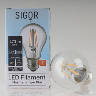 Sigor E27 LED Filament Leuchtmittel klar 4,5W=(40W) 220-240V 470 lm 2700K  warmwei dimmbar
