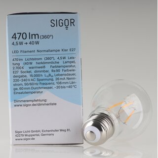 Sigor E27 LED Filament Leuchtmittel klar 4,5W=(40W) 220-240V 470 lm 2700K  warmwei dimmbar