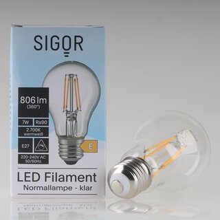 Sigor E27 LED Filament Leuchtmittel klar 7W=(60W) 220-240V 806 lm 2700K  warmwei dimmbar