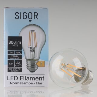 Sigor E27 LED Filament Leuchtmittel klar 7W=(60W) 220-240V 806 lm 2700K  warmwei dimmbar