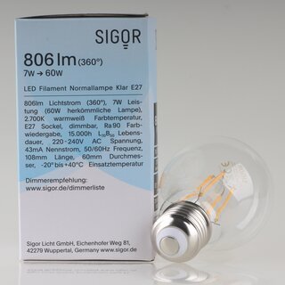 Sigor E27 LED Filament Leuchtmittel klar 7W=(60W) 220-240V 806 lm 2700K  warmwei dimmbar