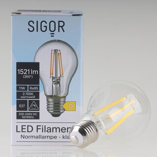 Sigor E27 LED Filament Leuchtmittel klar 11W=(100W) 220-240V 1521 lm 2700K warmwei dimmbar