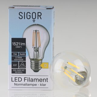 Sigor E27 LED Filament Leuchtmittel klar 11W=(100W) 220-240V 1521 lm 2700K warmwei dimmbar