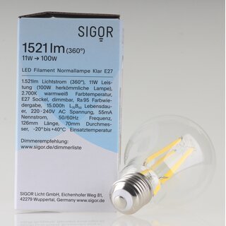 Sigor E27 LED Filament Leuchtmittel klar 11W=(100W) 220-240V 1521 lm 2700K warmwei dimmbar
