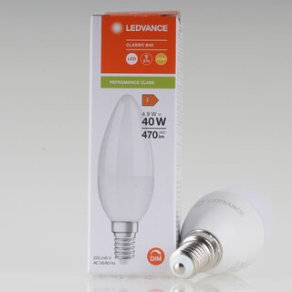 LEDVANCE E14 LED Leuchtmittel 4.9W=(40W) 240V Kerzen-Form matt warmwei 470 lm dimmbar