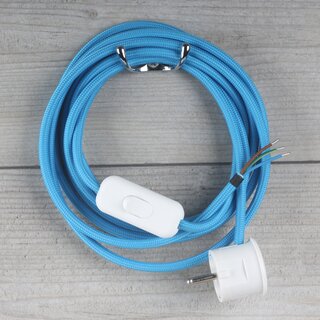 Textilkabel Anschlussleitung 2-5m hell-blau Schalter u. Schutzkontakt Winkelstecker wei