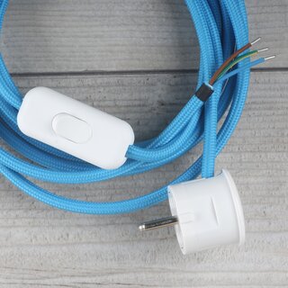 Textilkabel Anschlussleitung 2-5m hell-blau Schalter u. Schutzkontakt Winkelstecker wei