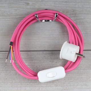 Textilkabel Anschlussleitung 2-5m pink Schalter u. Schutzkontakt Winkelstecker wei