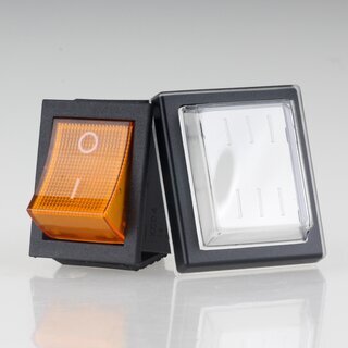 Einbau-Wippschalter gelb beleuchtet 2-polig EIN/AUS 30x22mm 250V/16A mit PVC-Schutzkappe