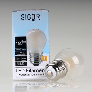 Sigor E27 LED Filament Tropfenlampe matt 6,5W = (60W) 806 lm 2700K warmwei� dimmbar