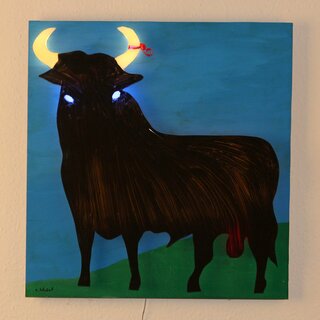 LED-Lichtplastik Motiv Stier aus Acrylglas und Holz 550�520�50mm K�nstler Rainer Schubert