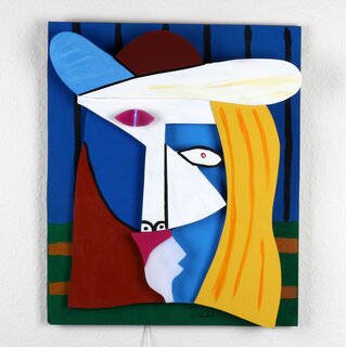 LED-Lichtplastik Motiv im Stile von Pablo Picasso Frau mit Hut Acrylglas und Holz 550�460�80mm