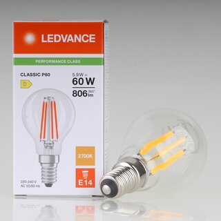 LEDVANCE E14 LED-Leuchtmittel 5,9W=(60W) 240V Tropfen-Form klar 2700K warmwei� 806 Lumen