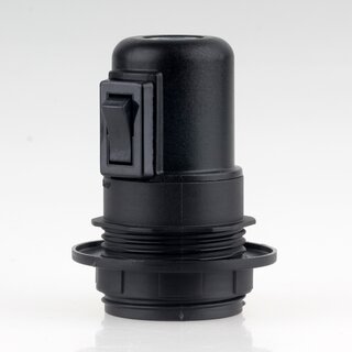 E27 Bakelit Lampenfassung schwarz mit Teilgewindemantel Wippschalter und Schraubring M10x1 IG