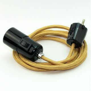 Textilkabel Pendel gold E27 Bakelit Vintage Fassung mit Schalter schwarz und Schutzkontakt-Stecker