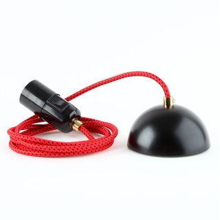 Textilkabel Lampenpendel rot-schwarz mit E27 Bakelit Fassung mit Schalter Klemmnippel Messing Baldachin schwarz