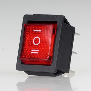 Einbau-Wippschalter rot beleuchtet 2-polig EIN/AUS/EIN 30x22mm 250V/16A mit PVC-Staubkappe