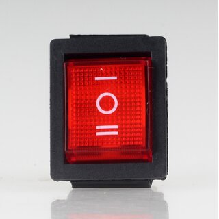 Einbau-Wippschalter rot beleuchtet 2-polig EIN/AUS/EIN 30x22mm 250V/16A mit PVC-Staubkappe