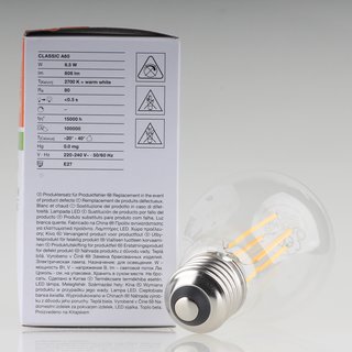 E27 LEDVANCE LED Filament Leuchtmittel klar 6.5W=(60W) 240V 806 lm 2700K warmwei