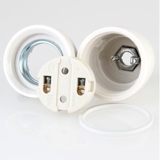 E27 Premium Porzellanfassung glasiert mit Kunststoff Zugentlaster gold mit Quetschverbindung 250V/4A M10x1 IG
