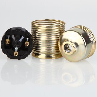 E27 Metall-Lampenfassung vermessingt mit Auengewinde und goldenem Kunststoff Zugentlaster