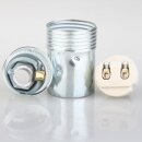 E14 Metall-Lampenfassung Premium verchromt mit Zugentlaster weiß, Glattmantel, M10x1 IG